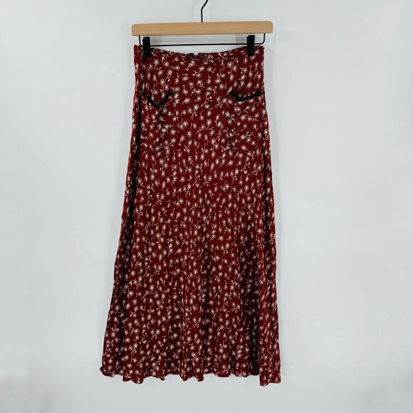 Vintage Therapy Boho Long Skirt 100% Rayon Rust White Print Size M - Picture 1 of 6